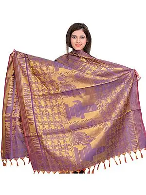 Golden-Violet (OM NAMASHIVAYA) Brocaded Shawl from Tamil Nadu with Woven Shiva Linga and Nandi