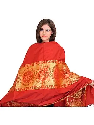 Cardinal-Red Brocaded Shawl from Tamil Nadu with Auspicious Lotuses