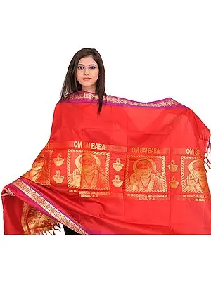 Rococco-Red Om Sai Baba Brocaded Shawl from Tamil Nadu