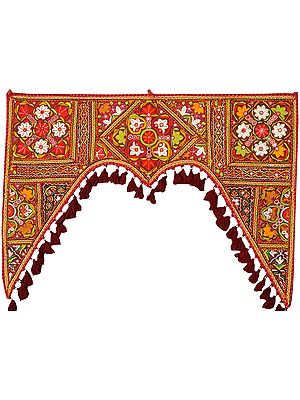Cordovan-Red Toran for the Doorstep from Kutch with Floral Hand-Embroidery and Mirrors