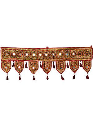 Tibetan-Red Toran for the Doorstep from Kutch with Embroidered Large Mirrors