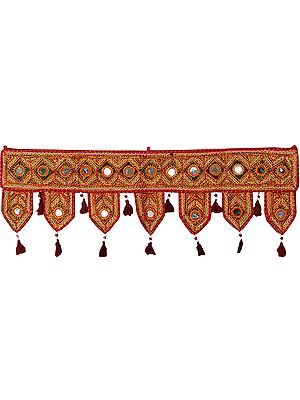 Biking-Red Toran for the Doorstep from Kutch with Embroidered Large Mirrors