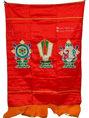 Tango-Red Auspicious Temple Curtain with Vaishnava Symbols Applique