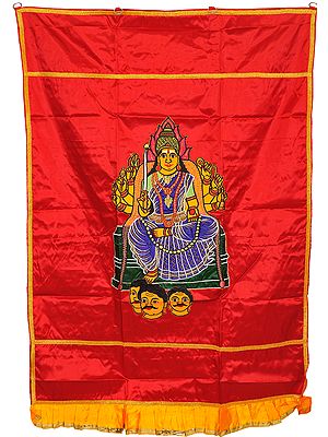 Poinsettia-Red Auspicious Temple Curtain with Samayapuram Devi Mariamman Applique