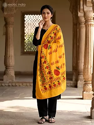 Marigold Om Shakti Prayer Shawl from Tamil Nadu with Printed Auspicious Kalash on Border