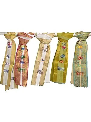 Lot of Five Scarves from Banaras with Brocade Weave and Embroidered Mantras