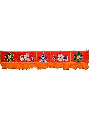 Red and Orange Auspicious Toran for the Doorstep with Shiva Linga and Nandi