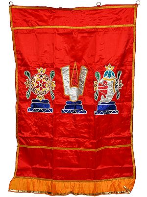 Bittersweet-Red Auspicious Temple Curtain with Vaishnava Symbols in Applique