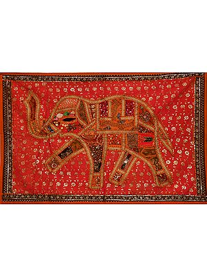 Claret-Red Wall Hanging from Gujarat with Embroidered Patched Elephant and Sequins All-Over