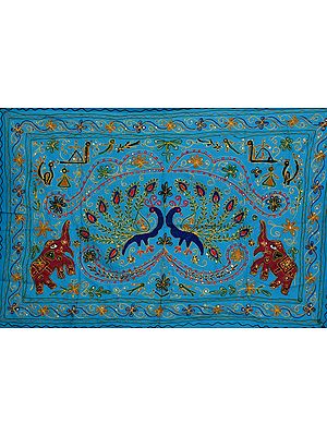 Cyan-Blue Embroidered Wall Hanging with Sequins