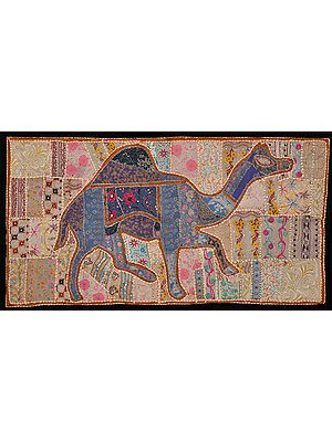 Cream and Blue Applique Camel Hand-Crafted Gujarati Wall Hanging