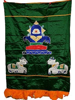 Verdant-Green Auspicious Temple Curtain with Shiva Linga and Nandi in Applique