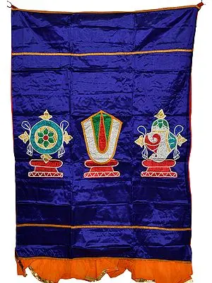 Clematis-Blue Auspicious Temple Curtain with Vaishnava Symbols in Applique