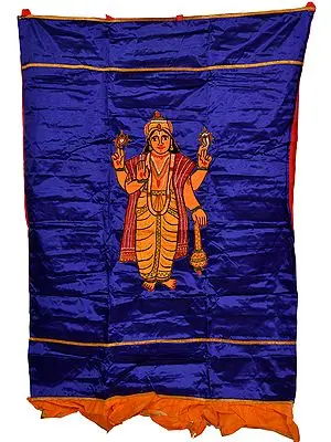Royal-Blue Auspicious Temple Curtain with Embroidered Lord Vishnu in Applique