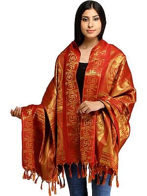 Golden-Red Lord Ganesha Brocaded Shawl from Tamil Nadu with Woven Mantras