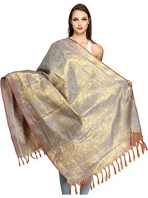 Sterling-Blue Brocaded Prayer Shawl of Lord Ganesha from Tamil Nadu