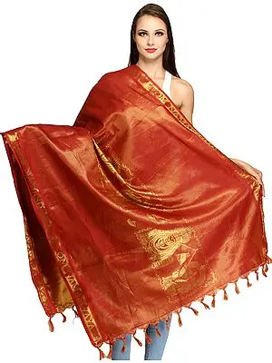 Garnet-Rose Goddess Parvati and Shiva Brocaded Prayer Shawl from Tamil Nadu