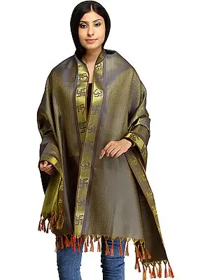 Lakshmi Ganesha and Saraswati Brocaded Prayer Shawl from Tamil Nadu
