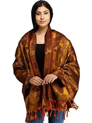 Maroon Lord Hanuman Brocaded Prayer Shawl from Tamil Nadu