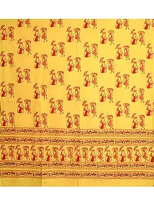 Lemon-Yellow Curtain with Printed Warli Folk Motifs