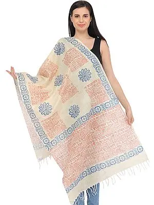 Cream Prayer Stole with Printed Sanskrit Shloka and Religious Motifs