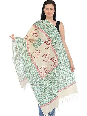 Almond-Oil Hare Rama Hare Krishna Prayer Stole with Printed OM (AUM)