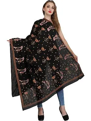 Black Shri Radhey Prayer Shawl with Printed Conch and Little Krishna