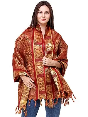 Rio-Red Brocaded Narayana Prayer Shawl with Zari-Weaving All-Over