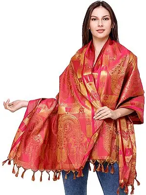Fuchsia-Rose Lakshmi-Narayana Brocaded Prayer Shawl