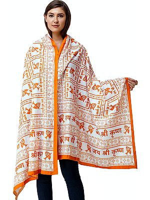 Jai Shri Krishna Prayer Shawl with Printed Flute and Peacock Feather