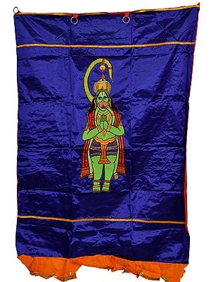 Royal-Blue Auspicious Temple Curtain with Embroidered Lord Hanuman in Applique