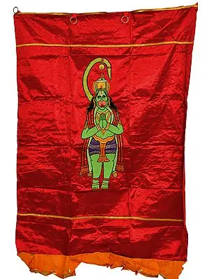 Tomato-Red Auspicious Temple Curtain with Embroidered Lord Hanuman in Applique