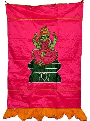 Fandango-Pink Auspicious Temple Curtain with Embroidered South-Indian Goddess Durga in Applique