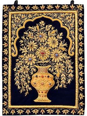 Handcrafted Royal Wall Hanging with Intricate Zardozi Hand-Embroidered Flower Pot and Faux Gemstone