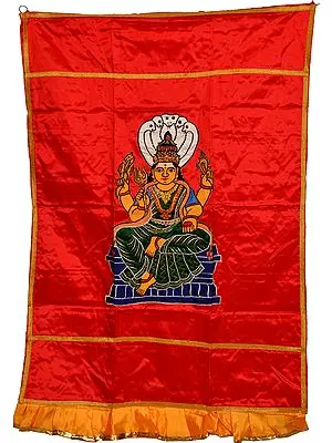 Scarlet-Red South Indian Goddess Karumariamman Auspicious Temple Curtain