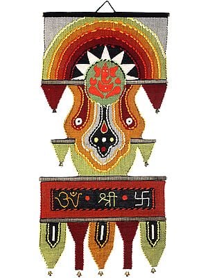 Ganesha Wall-Hanging from Maharashtra with Multicolored-Thread Embroidery and Bells