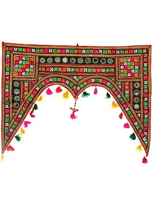 Multicolor Hand-Embroidered Toran for the Doorstep from Kutch with Mirrors and Hanging Parrot