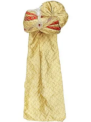 Beige and Red Zari-Woven Groom's Turban (Pagdi) with Crystals Studded Kalgi and White Feather