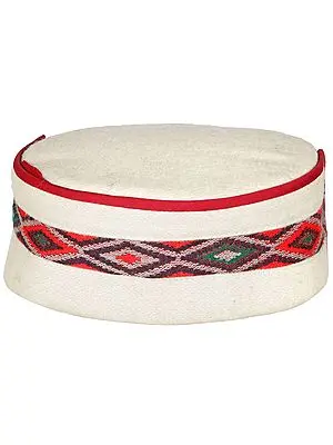 Off-White Kullu Patti Woolen Topi/Cap from Himachal with Multicolor Woven Patch Work