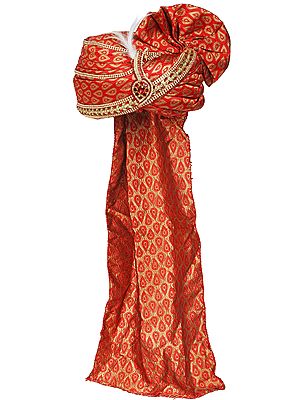 Red Zari-Woven Wedding Pagdi/Turban for Groom with Crystals Embellished Kalgi and White Feather