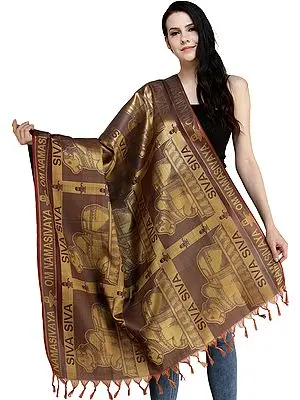 Oxblood-Red Shiva's Nandi Brocaded Prayer Shawl from Tamil Nadu