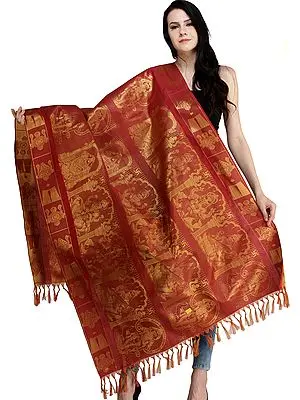 Rococco-Red Brocaded Prayer Shawl from Tamil Nadu with Lakshmi Ganesha Saraswati Kartikkeya and Venkateshvara