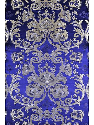 Wisteria-Blue Tibetan Lotus Brocade Fabric from Banaras
