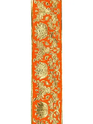 Zari-Embroidered Fabric Border with Golden Lotuses