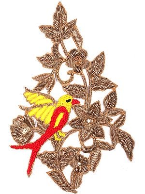 Crystals and Sequins Embroidered Flower Branch Zardosi Patch with Sparrow