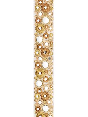 Beige Aari-Embroidered Illusion Mesh Fabric Border with Mirrors and Crystals