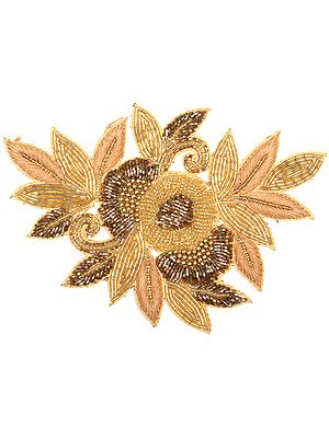 Pale-Gold Embroidered Floral Patch with Embellished Beads