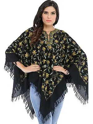Phantom-Black Poncho from Kashmir with Aari Hand-Embroidered Flowers All-Over