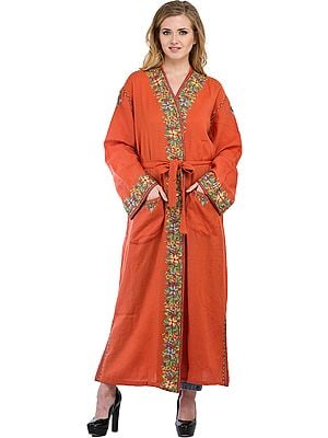 Dusty-Orange Kashmiri Robe with Aari Floral-Embroidery by Hand