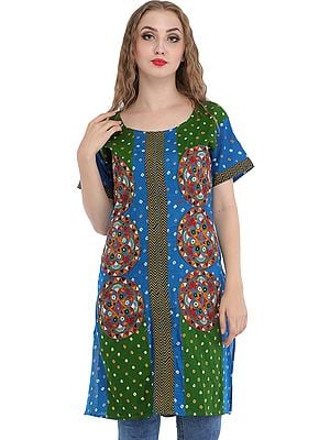 Green and Sky Blue Bandhani Tie-Dye Kurti with Embroidered Patches